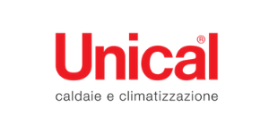 Logo Unical in rosso con la scritta 'caldaie e climatizzazione' in nero.